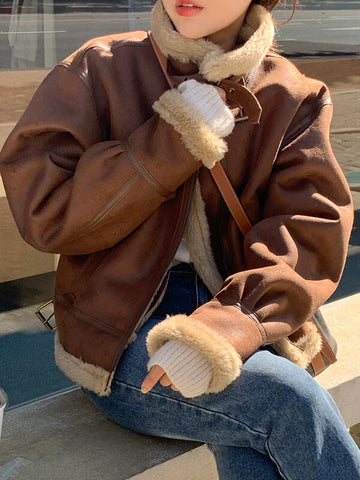 Airchics court manteau aviateur doublé polaire suedine fermeture éclair col revers femme mode café